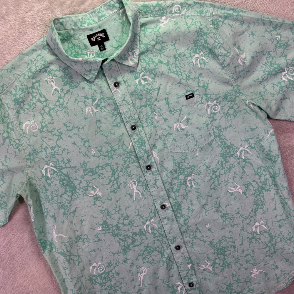 Billabong Mens Shirt Sz Large Green Allover Print Short Sleeve Button Up